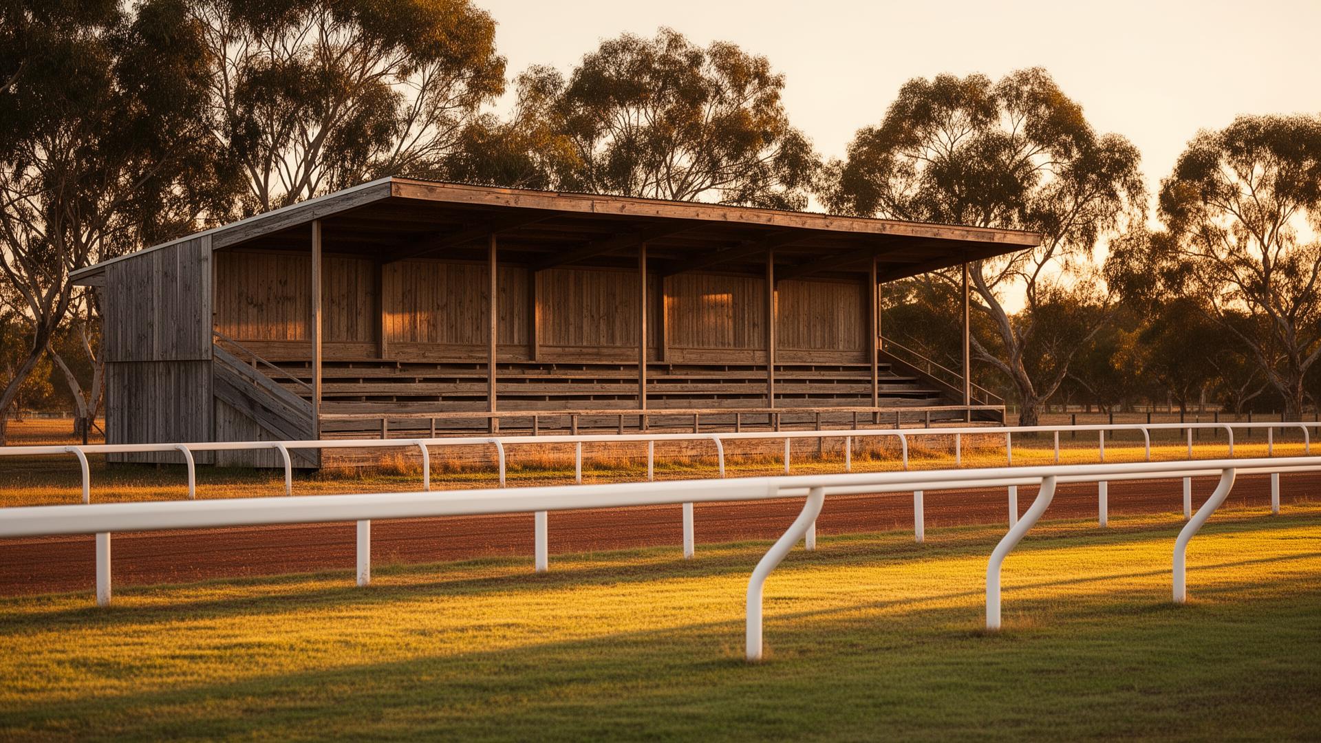 Country racecourse grandstand at golden hour